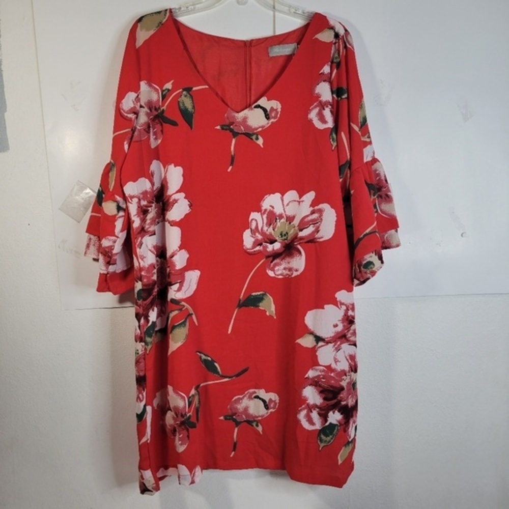 NWT Womans Belongsci Red Floral Shift Dress Bell Elbow Length Sleeve Size XL